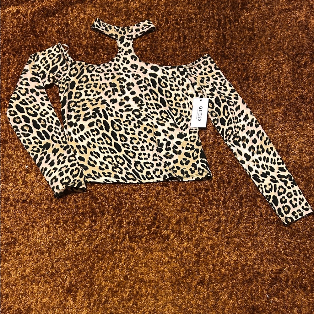 Guess Leopard Print Cold Shoulder Crop Top